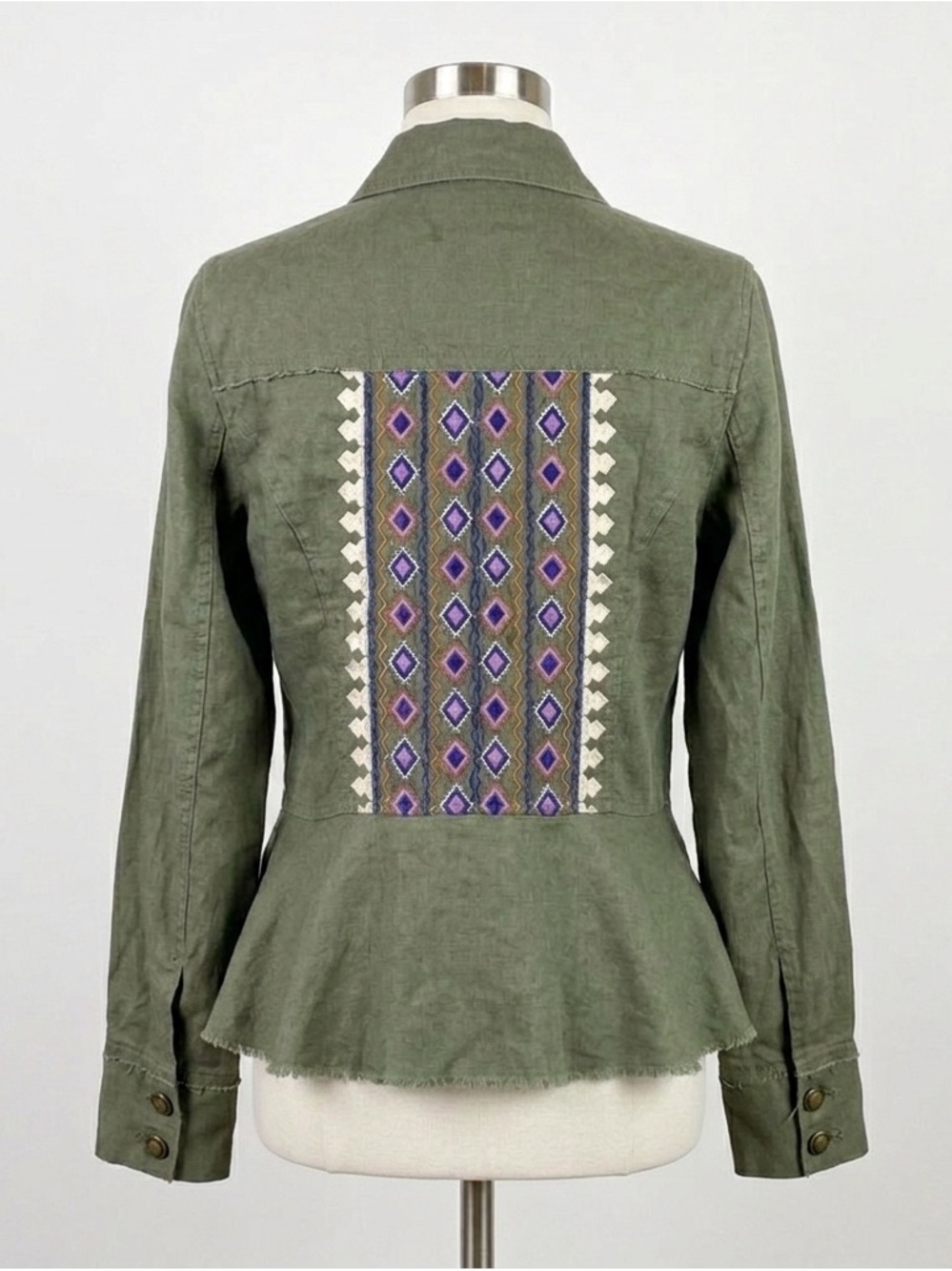 International Concepts 100% Linen Embroidered Olive Green Utility Jacket Sz M - Picture 3 of 13